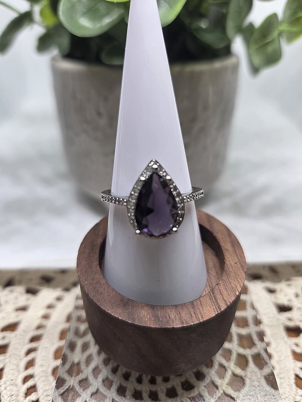 Sterling Silver Teardrop Amethyst Halo Ring